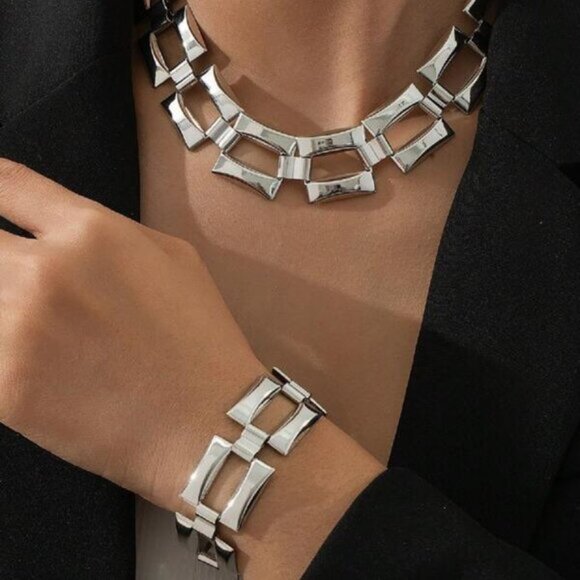 Sterling Silver 925 Geometric Square Link Necklace & Bracelet Set - Picture 2 of 5